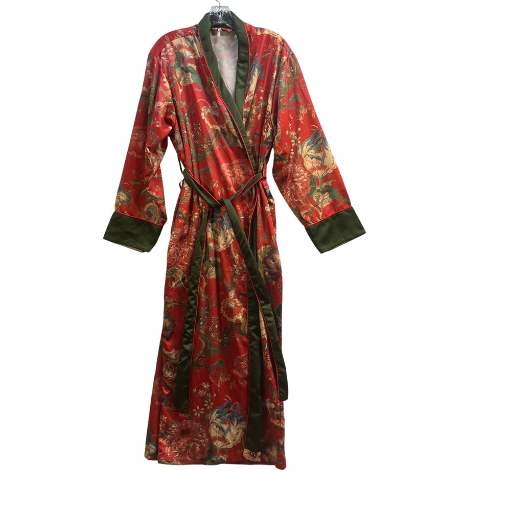 Pottery Barn Dahlia Red Floral Chinoiserie Kimono Robe Satin Dressing Gown Large